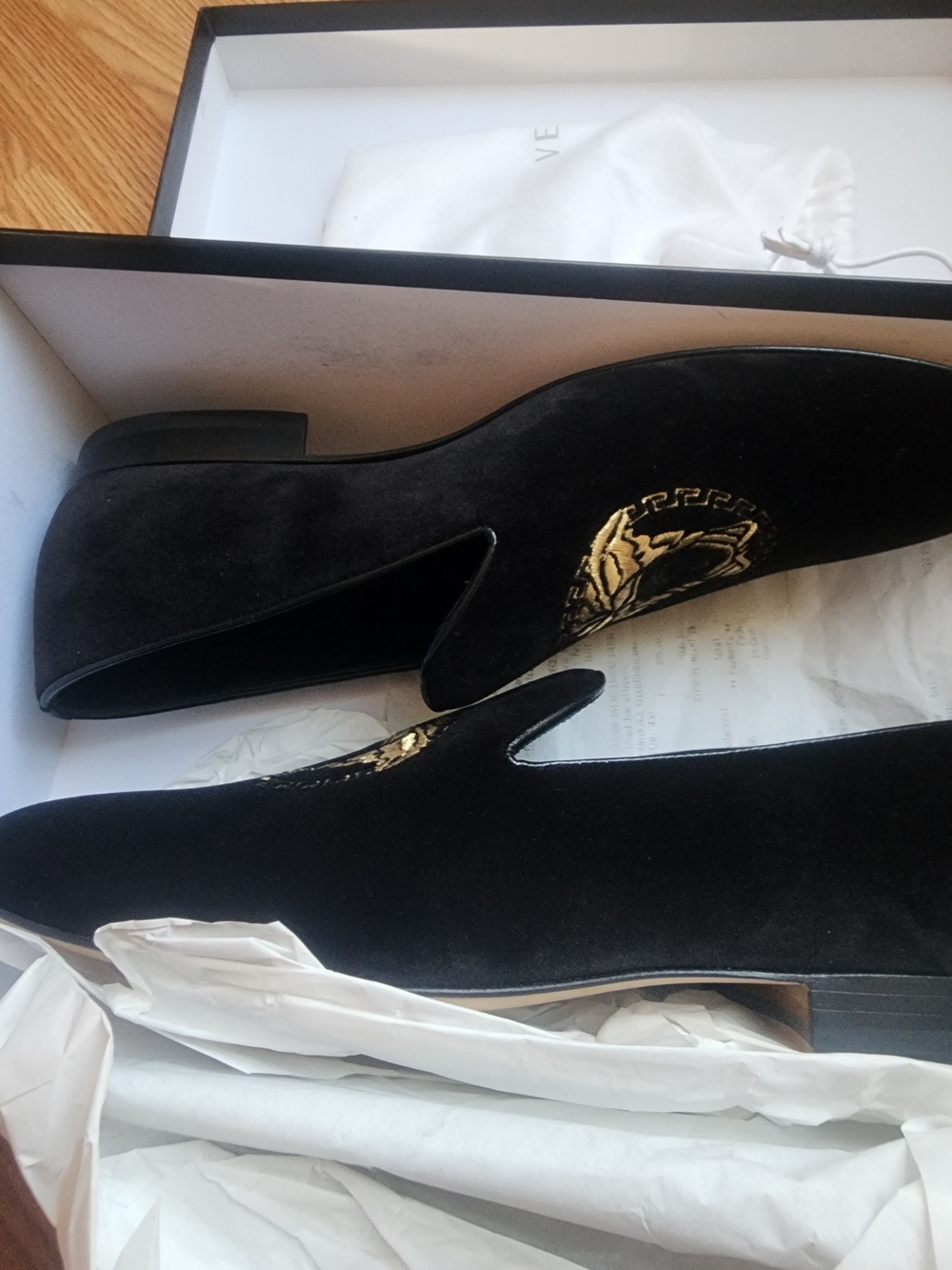 Versace Black Velvet Gold-Embroidered Slip-On Loafers - Picture 2 of 3